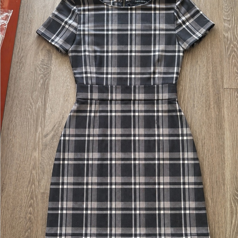 French Connection Black and Gray Plaid Mini Dress